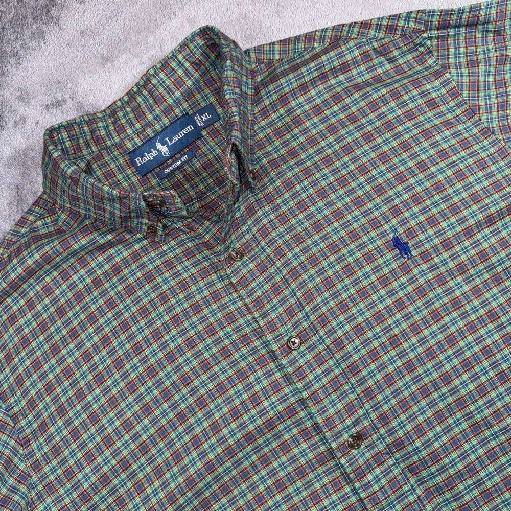 Ralph Lauren Custom Fit Plaid Button Down Shirt Mens XL Green Red Blue Pony